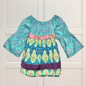 Matilda Jane Aqua and Pink Kids Long Sleeve Bohemian Paisley Tie Shirt